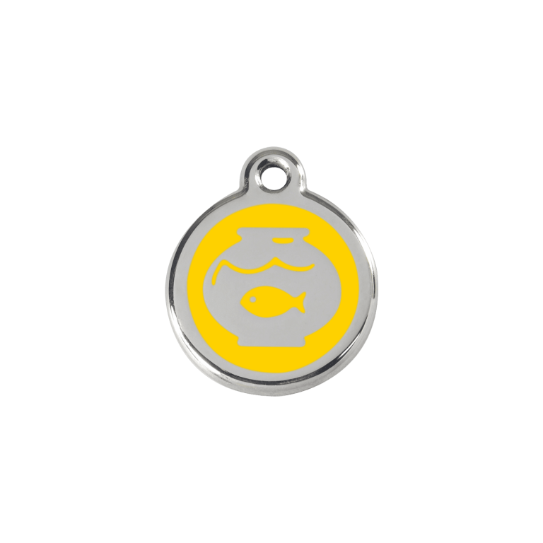 Vue avant - Médaille personnalisée pour chien/chat Red Dingo Émail/Acier Jaune - Motif Bocal Poissons - Taille S