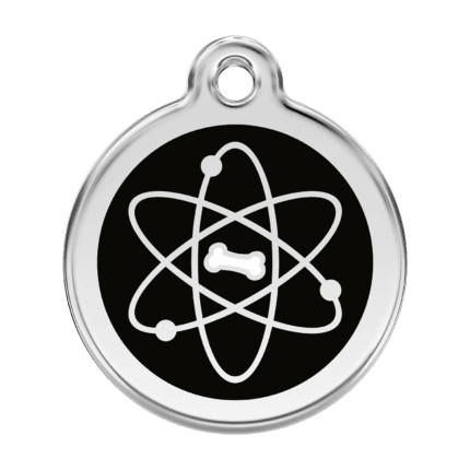Vue avant - Médaille personnalisable pour chien - Red Dingo Émail et acier inoxydable - Motif Atome - Noir - Taille L