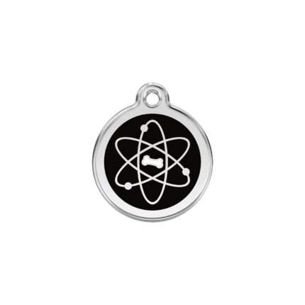 Vue avant - Médaille personnalisable en émail et acier inoxydable pour chat - Red Dingo - Atome Noir - Taille S