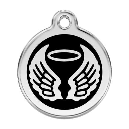 Vue avant - Médaille personnalisable pour chien Red Dingo Émail et acier inoxydable - Ailes d'anges - Noir - Taille L