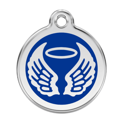 Vue avant - Médaille personnalisable pour chien Red Dingo Émail et acier inoxydable - Ailes d'anges - Bleu foncé - Taille L