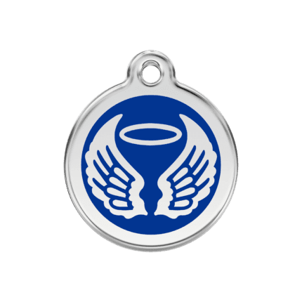 Vue avant - Médaille personnalisée pour chien ou chat Red Dingo Émail et acier inoxydable - Ailes d'anges - Bleu foncé - Taille M