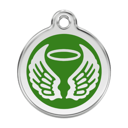 Vue avant - Médaille personnalisée pour chien Red Dingo Émail et acier inoxydable - Ailes d'anges - Vert - Taille L