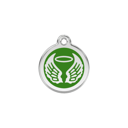 Vue avant - Médaille personnalisable pour chien/chat Red Dingo Émail/Acier inoxydable - Ailes d'anges Vert - Taille S