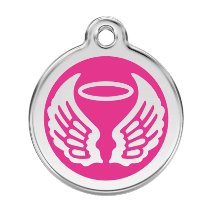 Vue avant - Médaille personnalisée Red Dingo Émail et acier inoxydable - Ailes d'anges - Rose vif - Taille L