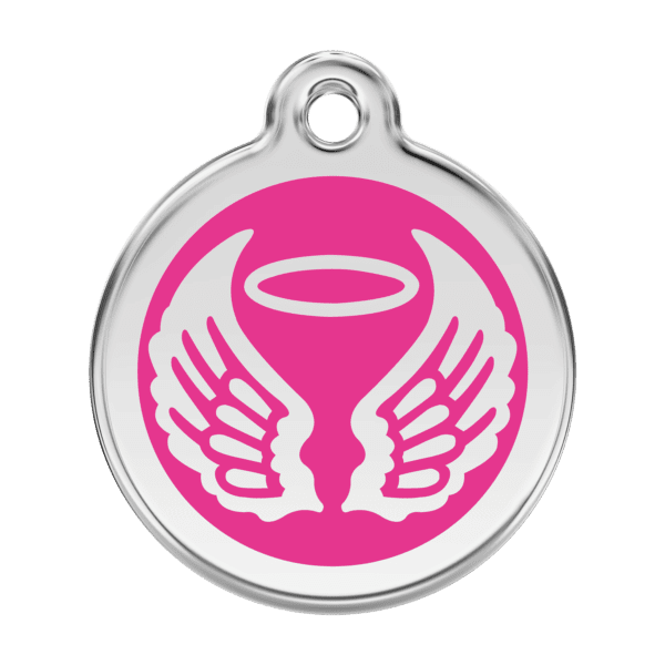 Vue avant - Médaille personnalisée Red Dingo Émail et acier inoxydable - Ailes d'anges - Rose vif - Taille L