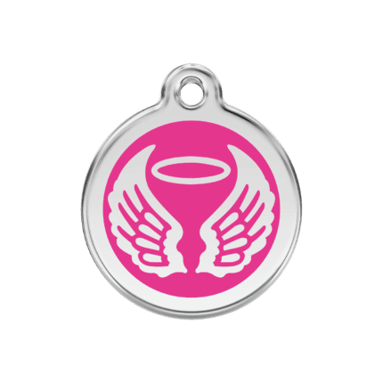 Vue avant - Médaille personnalisable pour chien Red Dingo Émail et acier inoxydable - Ailes d'anges - Rose vif - Taille M