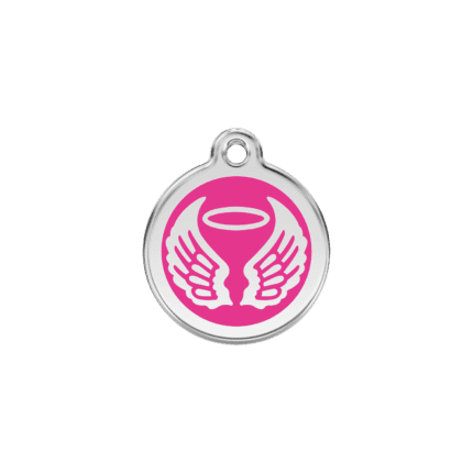Vue avant - Médaille personnalisée pour chien/chat Red Dingo Émail/Acier inoxydable Ailes d'anges Rose vif 20.00mm