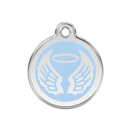 Vue avant - Médaille personnalisée pour chien Red Dingo Émail et acier inoxydable - Ailes d'anges - Bleu clair - Taille M
