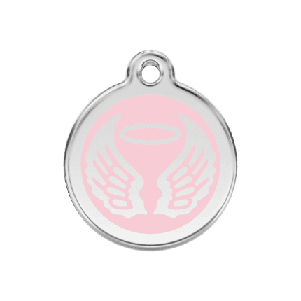 Vue avant - Médaille personnalisée pour chien Red Dingo Émail et acier inoxydable - Ailes d'anges - Rose - Taille M