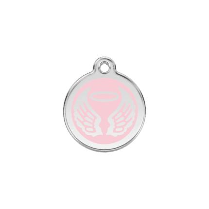 Vue avant - Médaille personnalisable pour chien/chat Red Dingo Émail et acier inoxydable - Ailes d'anges - Rose - Taille S