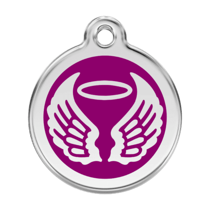 Vue avant - Médaille personnalisée pour chien ou chat - Red Dingo Émail et acier inoxydable - Ailes d'anges violet - Taille L