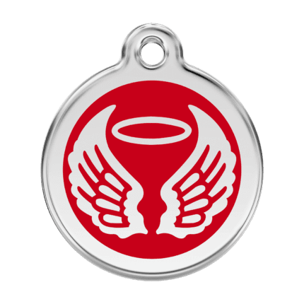 Vue avant - Médaille personnalisée pour chien Red Dingo Émail et acier inoxydable - Ailes d'anges - Rouge - Taille L