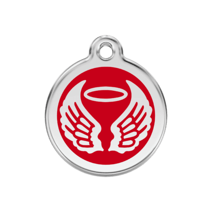 Vue avant - Médaille personnalisée pour chien Red Dingo Émail et acier inoxydable - Ailes d'anges - Rouge - Taille M