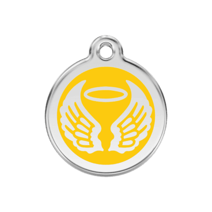 Vue avant - Médaille personnalisée pour chien Red Dingo Émail/Acier Jaune 30mm - Ailes d'anges
