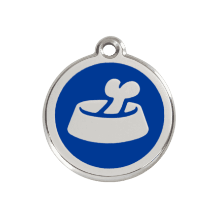 Vue avant - Médaille personnalisée en émail et acier inoxydable pour chien ou chat - Os dans un bol - Bleu foncé - Taille M
