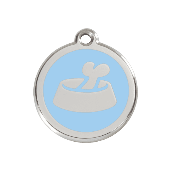 Vue avant - Médaille personnalisée pour chien/chat Red Dingo Émail/Acier inoxydable Os dans un bol Bleu clair 30mm - Référence : 01-BB-LB-ME