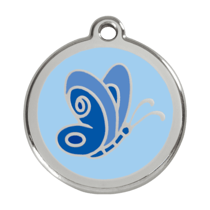 Vue avant - Médaille personnalisée pour chien Red Dingo Émail et acier inoxydable - Motif papillon - Bleu clair - Taille L