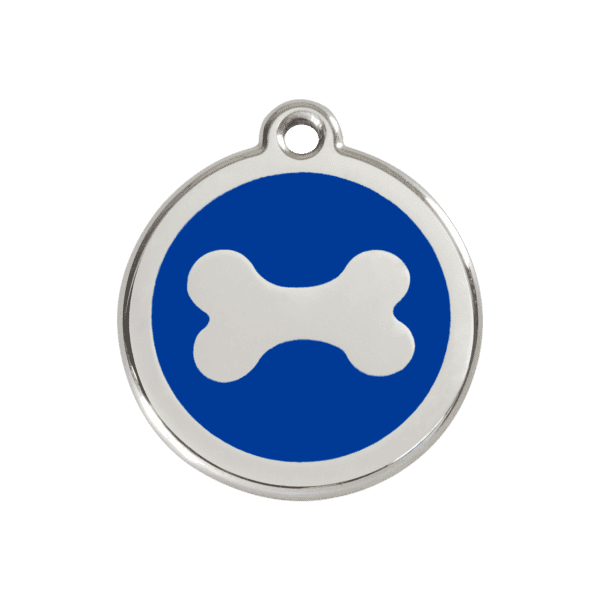 Vue avant - Médaille personnalisée pour chien Red Dingo Émail et acier inoxydable Os Bleu foncé - Taille M