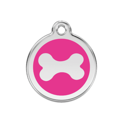 Vue avant - Médaille personnalisée pour chien Red Dingo Émail et acier inoxydable - Os rose vif - Taille M 30.00mm