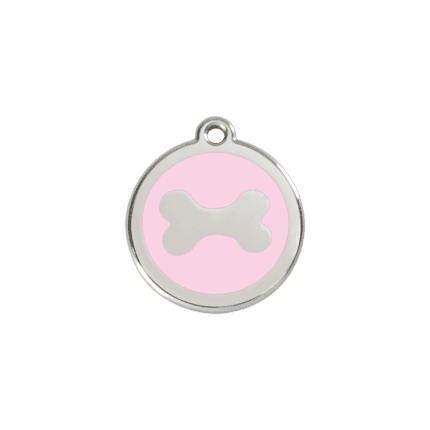 Vue avant - "Médaille personnalisée pour chat en acier inoxydable rose avec motif os - Red Dingo"