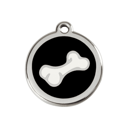 Vue avant - Médaille personnalisée pour chien Red Dingo Émail et acier inoxydable - Os noir - Taille M