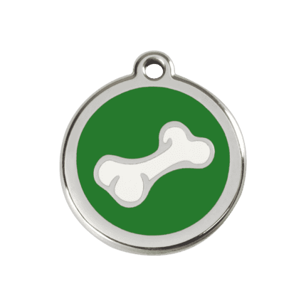 Vue avant - Médaille personnalisée pour chien Red Dingo - Os vert en émail et acier inoxydable - Taille M