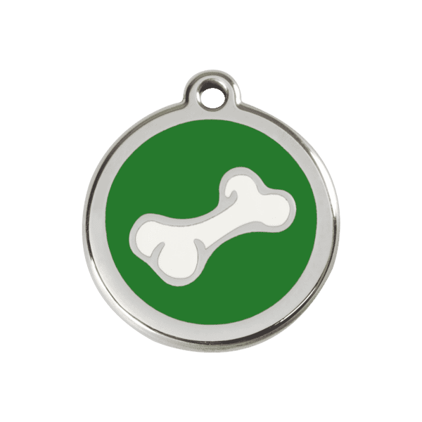 Vue avant - Médaille personnalisée pour chien Red Dingo - Os vert en émail et acier inoxydable - Taille M