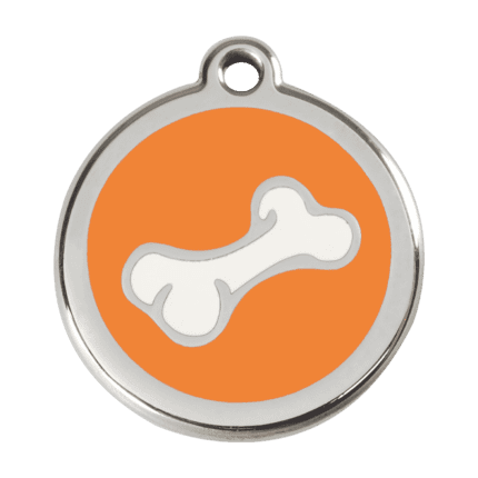 Vue avant - Médaille personnalisée pour chien Red Dingo en émail et acier inoxydable - Os orange - Taille L