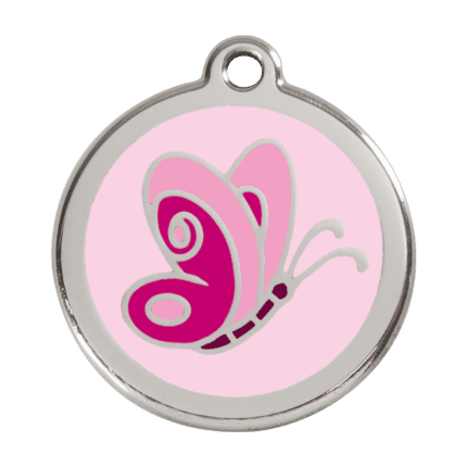 Vue avant - Médaille personnalisée pour chien - Red Dingo Émail et acier inoxydable - Motif Papillon - Rose - Taille L