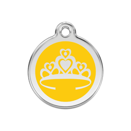 Vue avant - Médaille personnalisée pour chien ou chat - Red Dingo Émail et acier inoxydable - Couronne jaune - Taille M