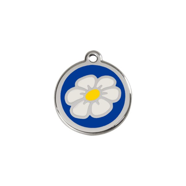Vue avant - Médaille personnalisée pour chat ou petit chien - Red Dingo Émail et acier inoxydable Marguerite Bleu foncé