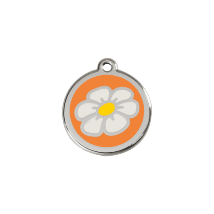 Vue avant - Médaille personnalisée pour chat en émail et acier inoxydable - Marguerite orange - Red Dingo
