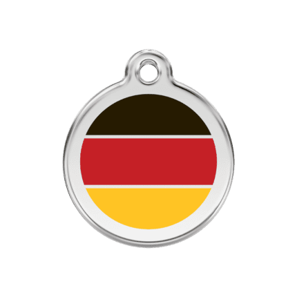 Vue avant - Médaille personnalisée pour chien Red Dingo drapeau allemand - Émail et acier inoxydable - Taille M