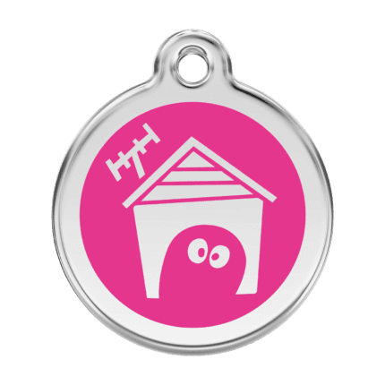 Vue avant - Médaille personnalisable pour chien en émail et acier inoxydable - Red Dingo - Motif Niche - Rose vif - Taille L