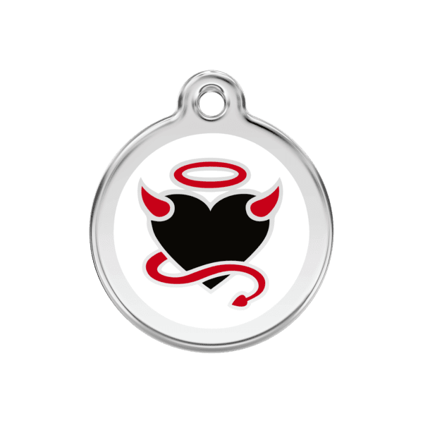 Vue avant - Médaille personnalisable pour chien Red Dingo Émail et acier inoxydable Diable Blanc M - 01-DV-WT-ME