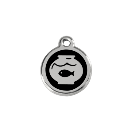 Vue avant - Médaille personnalisée en émail et acier inoxydable Red Dingo - Motif bocal à poissons - Noir - Taille S