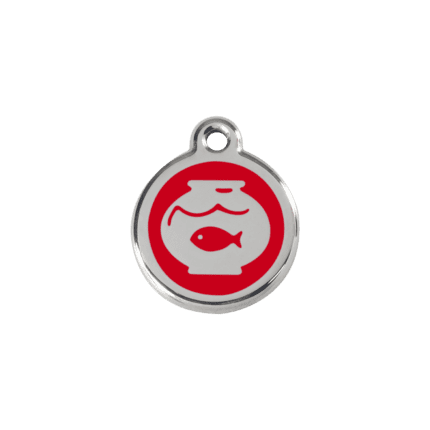 Vue avant - Médaille personnalisée pour chien/chat Red Dingo Émail et acier inoxydable - Motif bocal poissons - Rouge - Taille S