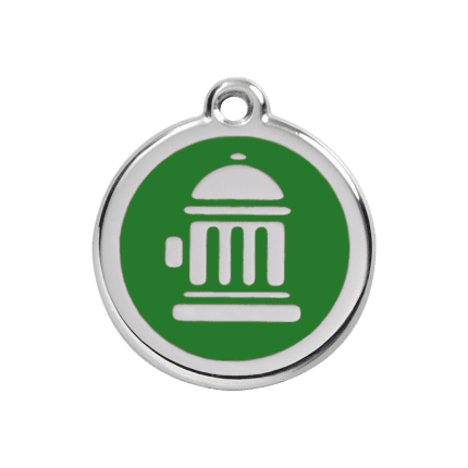 Vue avant - Médaille personnalisée pour chien Red Dingo Émail et acier inoxydable - Motif bouche d'incendie - Vert - Taille M