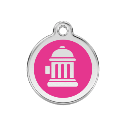 Vue avant - Médaille personnalisée pour chien en émail et acier inoxydable - Bouche d'incendie rose vif - Red Dingo