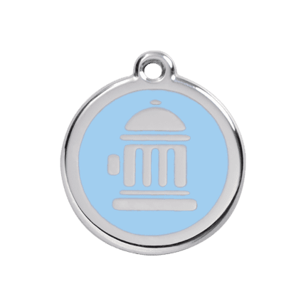 Vue avant - Médaille personnalisée pour chien Red Dingo Émail et acier inoxydable - Bouche d'incendie - Bleu clair - Taille M