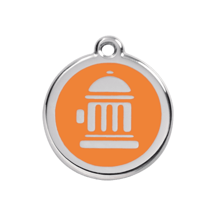 Vue avant - Médaille personnalisée pour chien Red Dingo Émail et acier inoxydable motif bouche d'incendie orange - Taille M - 01-FH-OR-ME