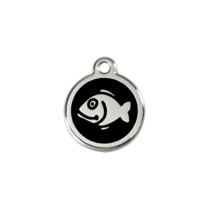 Vue avant - Médaille personnalisée pour chien/chat Red Dingo Émail et acier inoxydable - Motif poisson - Noir - Taille S