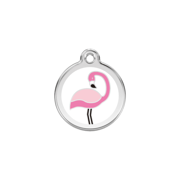 Vue avant - Médaille personnalisée pour chat ou chien - Red Dingo Émail et acier inoxydable - Motif Flamant Blanc - Taille S