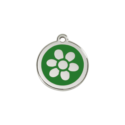 Vue avant - Médaille personnalisée en émail et acier inoxydable pour chat - Red Dingo - Fleur Vert - Taille S