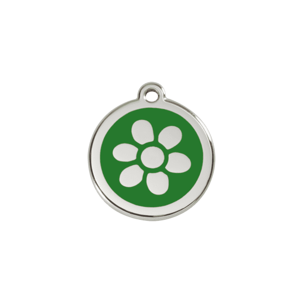 Vue avant - Médaille personnalisée en émail et acier inoxydable pour chat - Red Dingo - Fleur Vert - Taille S