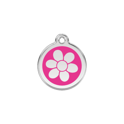 Vue avant - Médaille personnalisée pour chat en émail et acier inoxydable - Red Dingo - Fleur rose vif - Taille S
