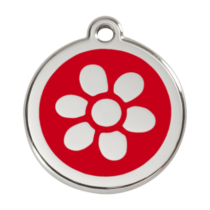 Vue avant - Médaille personnalisée pour chien Red Dingo Émail et acier inoxydable - Fleur Rouge - Taille L