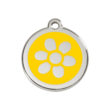 Vue avant - Médaille personnalisée pour chien ou chat - Red Dingo Émail et acier inoxydable - Fleur Jaune - Taille M