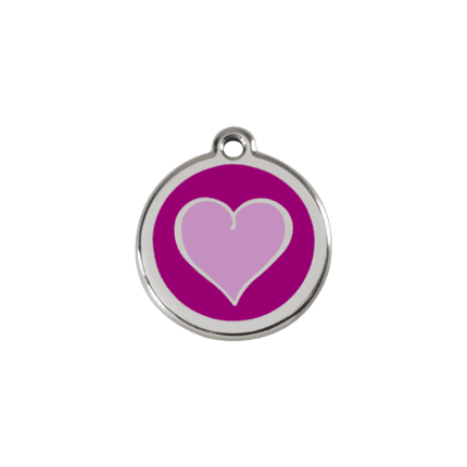 Vue avant - Médaille personnalisée pour chien/chat Red Dingo Émail et acier inoxydable - Coeur violet - Taille S